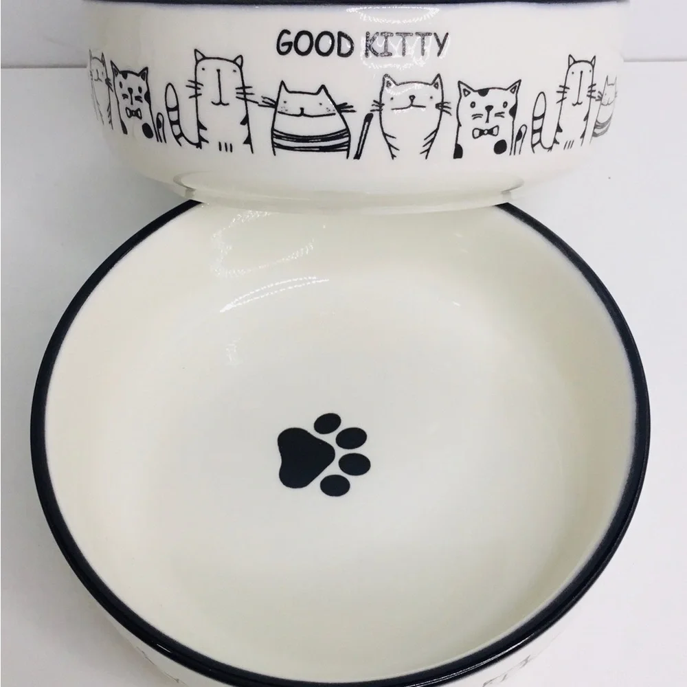 2 Good Kitty White Ceramic Pet Bowl 5” New